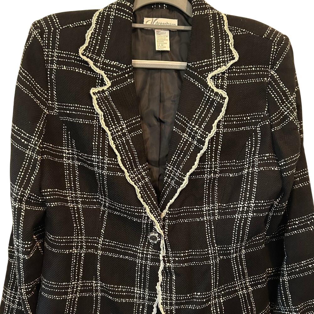 Dress Barn Black White Tweed Blazer Jacket 12 Holiday Festoon Fringed